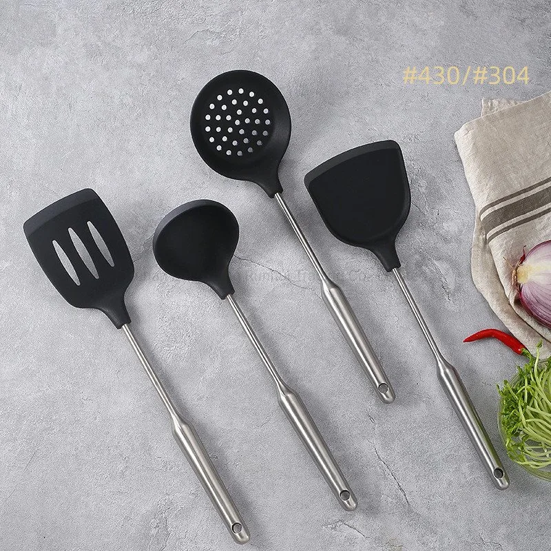 Silicone Cooking Utensil Set, Kitchen Utensils, Cooking Utensils Set, Non-Stick Heat Resistant Silicone, Cookware with Stainless Steel Handle - Black