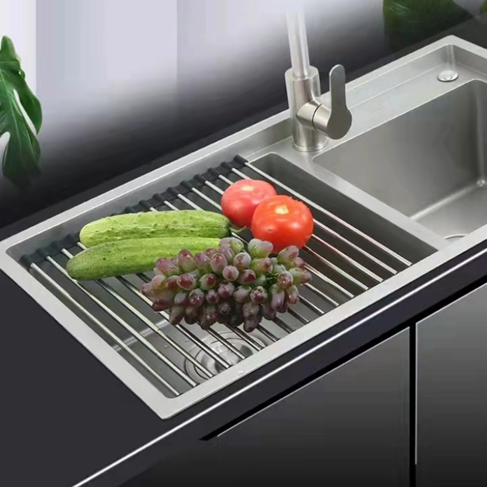 Hot Folding Dish Drying Rack Silicone &amp; Stainless Steel Roll up Kitchen Gadget Tool Supply Rust-Free Dish Drying Rack