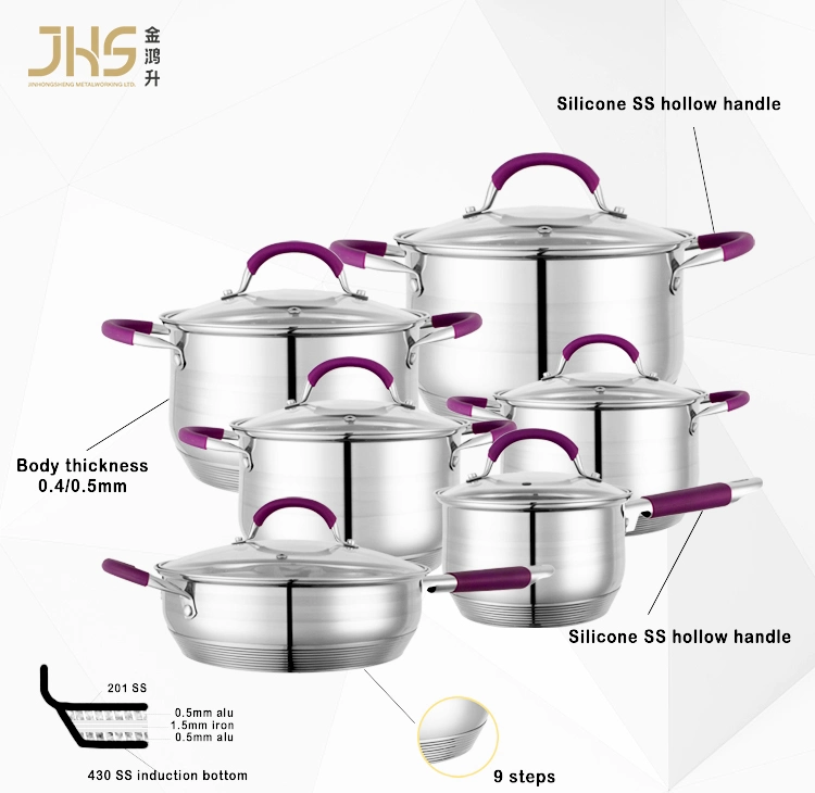 Silicone Handle 12 Pieces Cooking Pot Set Stainless Steel Cookware