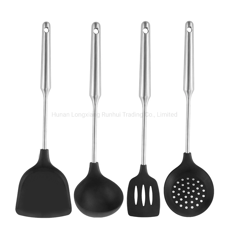 Silicone Cooking Utensil Set, Kitchen Utensils, Cooking Utensils Set, Non-Stick Heat Resistant Silicone, Cookware with Stainless Steel Handle - Black
