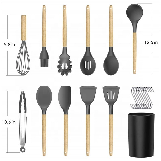 Silicon Cutlery Set, Heat Resistant, High Temperature Silicon Kitchen Tool with Wooden Handles Kitchen Accessory