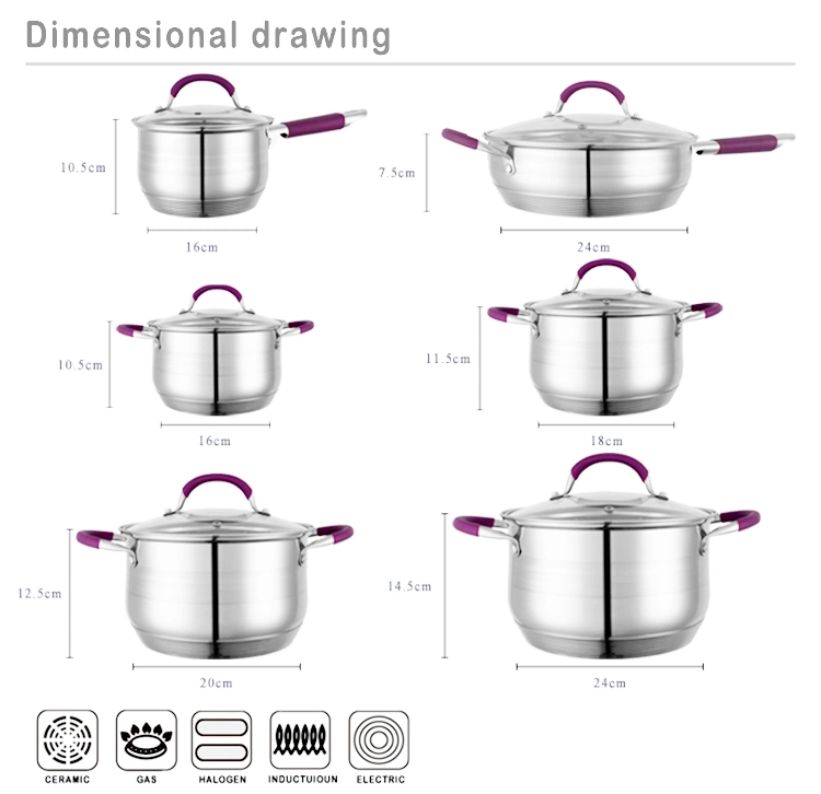 Silicone Handle 12 Pieces Cooking Pot Set Stainless Steel Cookware