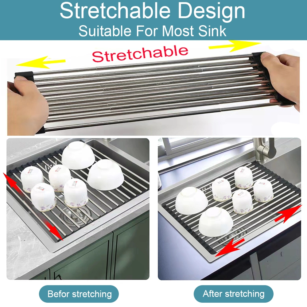 Hot Folding Dish Drying Rack Silicone &amp; Stainless Steel Roll up Kitchen Gadget Tool Supply Rust-Free Dish Drying Rack