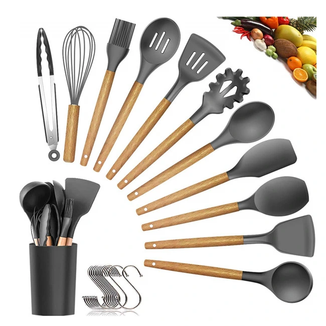 Silicon Cutlery Set, Heat Resistant, High Temperature Silicon Kitchen Tool with Wooden Handles Kitchen Accessory