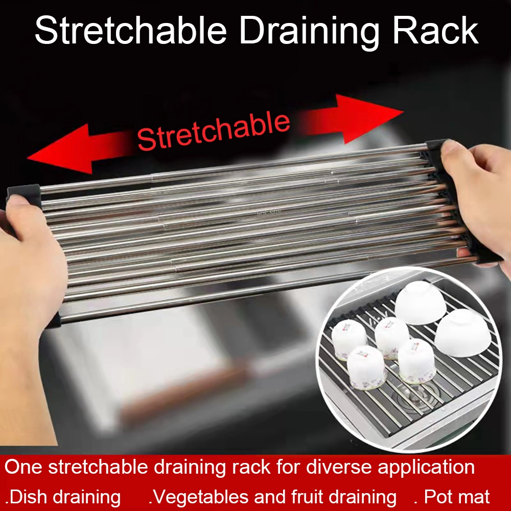 Hot Folding Dish Drying Rack Silicone &amp; Stainless Steel Roll up Kitchen Gadget Tool Supply Rust-Free Dish Drying Rack